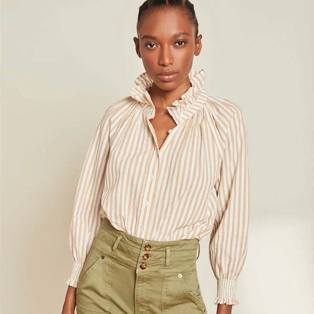 Veronica Beard White & Tan Striped "Calisto" Blouse | Size XS